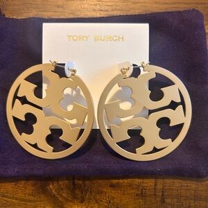 Tory Burch Gold Logo Hoop Earrings 2” Statement Cutout